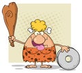 Happy Blonde Cave Woman Cartoon Mascot Character Holding A Club And Showing Wheel