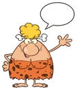 Happy Blonde Cave Woman Cartoon Mascot Character Talking And Waving For Greeting
