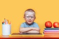 Happy blonde clever boy is sitting at a desk in round glasses and smiling. Ready for school. Back to school. Apple, pens and books Royalty Free Stock Photo