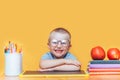 Happy blonde clever boy is sitting at a desk in round glasses and smiling. Ready for school. Back to school. Apple, pens and books Royalty Free Stock Photo