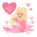Happy Blonde Day. Cute blonde woman mother with her Fair-haired daughter in pink. Vector illustration in flat cartoon