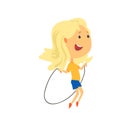 Happy blonde girl jumping with a rope, kids physical activity cartoon vector Illustration Royalty Free Stock Photo