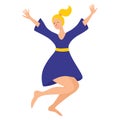 Happy blonde girl jumps in a dress. Emotions, happiness, success, joy.