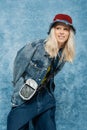 happy blonde woman in denim jacket Royalty Free Stock Photo