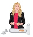 Happy blonde woman dressed in black jacket and pink blouse spreading some butter on bread. Cups, milk and bread on white