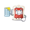 Happy blood bag mascot design with a big glass