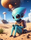 A happy blue alien plays a video game in a cartoon sky landscape