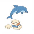 Happy Blue Dolphin Jumping Over Stack of Books Education Illustration on White Royalty Free Stock Photo