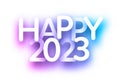 Happy 2023 blue and purple neon like sign on white background