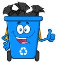 Happy Blue Recycle Bin Cartoon Mascot Character Full With Garbage Bags Giving A Thumb Up