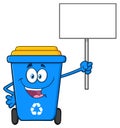 Happy Blue Recycle Bin Cartoon Mascot Character Holding Up A Blank Sign.