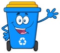 Happy Blue Recycle Bin Cartoon Mascot Character Waving For Greeting. Royalty Free Stock Photo