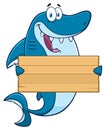 Happy Blue Shark Cartoon Mascot Character Holding A Wooden Blank Sign Royalty Free Stock Photo