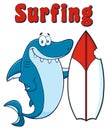 Happy Blue Shark Cartoon Mascot Character With Surfboard And Text Surfing. Royalty Free Stock Photo