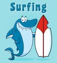 Happy Blue Shark Cartoon Mascot Character With Surfboard Royalty Free Stock Photo