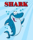 Happy Blue Shark Cartoon Mascot Character Waving For Greeting Under Water