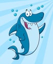 Happy Blue Shark Cartoon Mascot Character Waving For Greeting Under Water