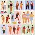 Happy body positive people set, fat characters of different figure types and skin colors