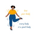 Happy body positive woman dance, Love your body. Every body is a good body. Hand drawn flat cartoon illustration. Royalty Free Stock Photo