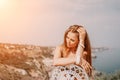 Happy boho woman portrait. Boho chic fashion style. Outdoor photo of free happy woman with long hair, sunny weather