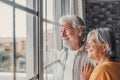 Happy bonding loving middle aged senior retired couple standing near window, looking in distance, recollecting good memories or Royalty Free Stock Photo