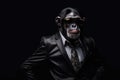 Happy Bonobo In Suit And Sunglasses On Black Background. Generative AI