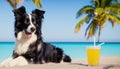 A happy border collie in a tropical paradise with a cocktail. AI generative image