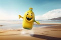 A happy bottle of lemonade at the beach created with generative AI technology Royalty Free Stock Photo