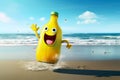 A happy bottle of lemonade at the beach created with generative AI technology Royalty Free Stock Photo