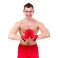 Happy boxer man doing exercise