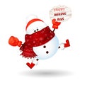 Happy Boxing Day. Cute snowman with red boxing glove feeling excited isolated