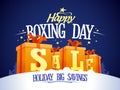 Happy Boxing day sale design with gift boxes on a snow.