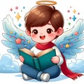 Happy boy angel reading book in cloud background