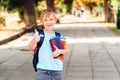 Happy boy with backpack going to school. Child of primary school. Pupil go study with backpack and books Royalty Free Stock Photo