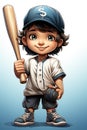 happy boy baseball player in cap with a bat in his hands. Cartoon character on white isolated background Royalty Free Stock Photo