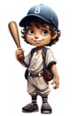 happy boy baseball player in cap with a bat in his hands. Cartoon character on white isolated background Royalty Free Stock Photo