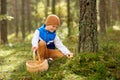 Happy boy with basket picking mushrooms in forest Royalty Free Stock Photo