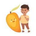 Happy Boy with Big Mango Fruit with Cheerful Smiley Vector Illustration