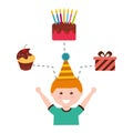 Happy boy with birthday gift cake and cupcake Royalty Free Stock Photo