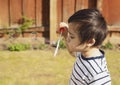 Happy boy blowing soap bubbles in the garden, Cute 4 years old kid blowing bubble wand with a funny face, Active kid playing in Royalty Free Stock Photo