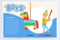 Happy boy breaking Pinata with a baseball bat, cute kid celebrating his birthday, boys banner flat vector element for