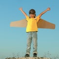 Happy boy with cardboard boxes of wings against sky dream of flying Royalty Free Stock Photo