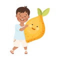 Happy Boy Carrying Big Lemon Fruit with Cheerful Smiley Vector Illustration