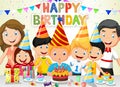 Happy boy cartoon blowing birthday candles with his family and friends Royalty Free Stock Photo