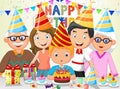 Happy boy cartoon blowing birthday candles with his family Royalty Free Stock Photo