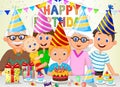 Happy boy cartoon blowing birthday candles with his family Royalty Free Stock Photo