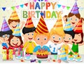 Happy boy cartoon blowing birthday candles with his friends Royalty Free Stock Photo