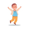 Happy boy. Cartoon child smiling and laughing. Isolated cheerful teenager jumping. School kids friendship. Joyful