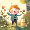 Happy boy and cat playing in the meadow. Cute cartoon watercolor illustration