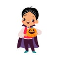 Happy Boy Character at Halloween Party Celebration in Dracula Costume with Pumpkin Vector Illustration Royalty Free Stock Photo